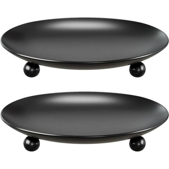 Set of 2 black metal pillar candle holders round candle plates for table decor - Picture 1 of 8